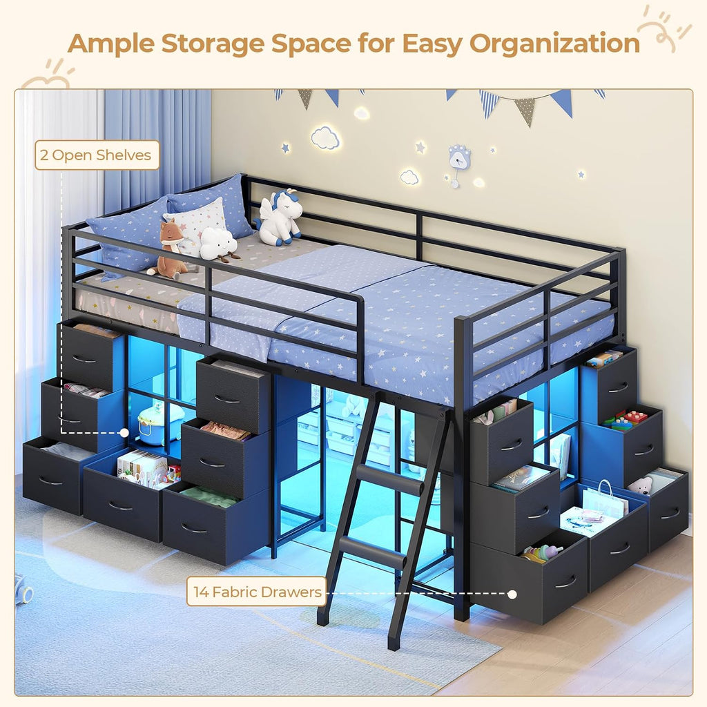 Black Twin Metal Low Loft Bed With Drawers & RGB Lights