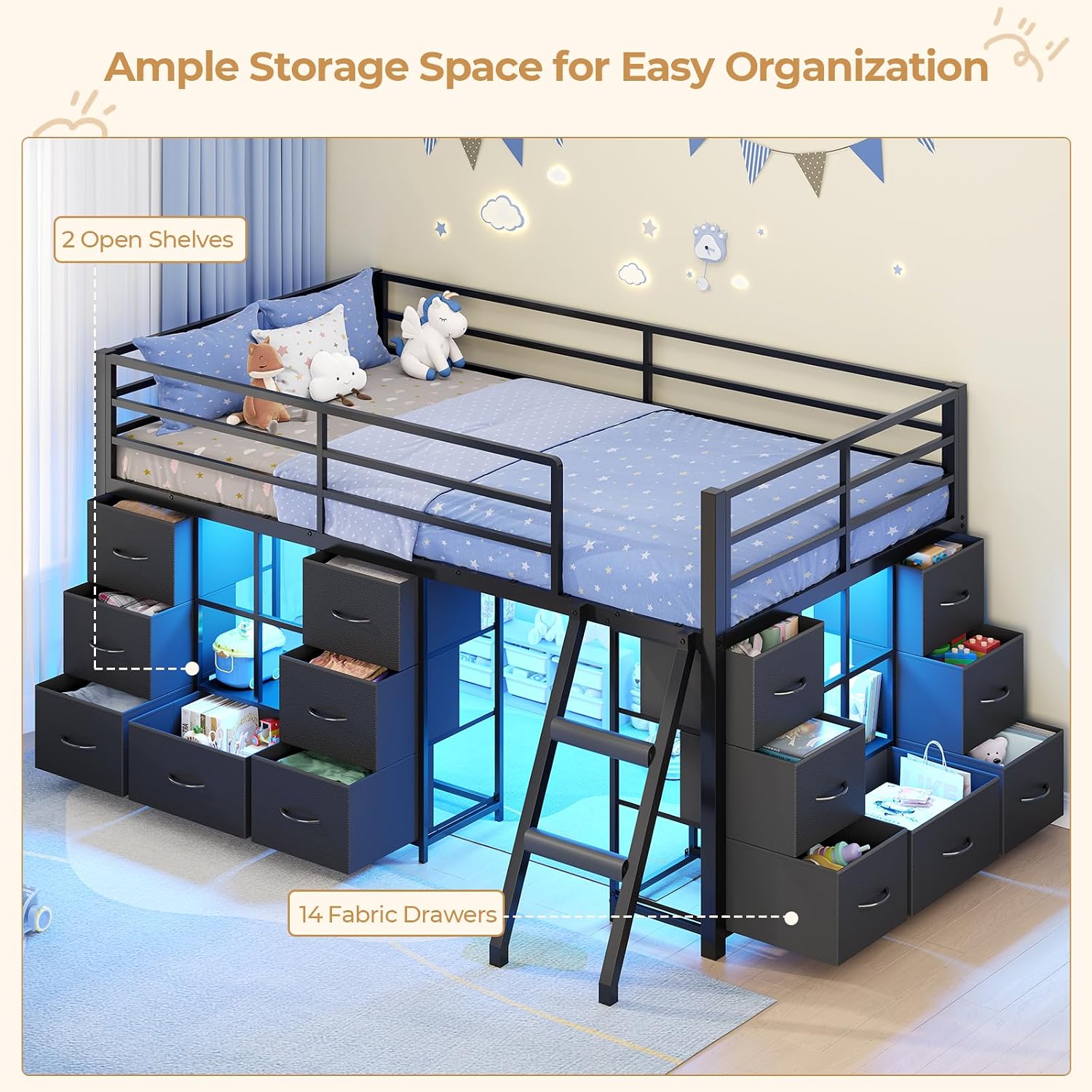 Black Twin Metal Low Loft Bed With Drawers & RGB Lights