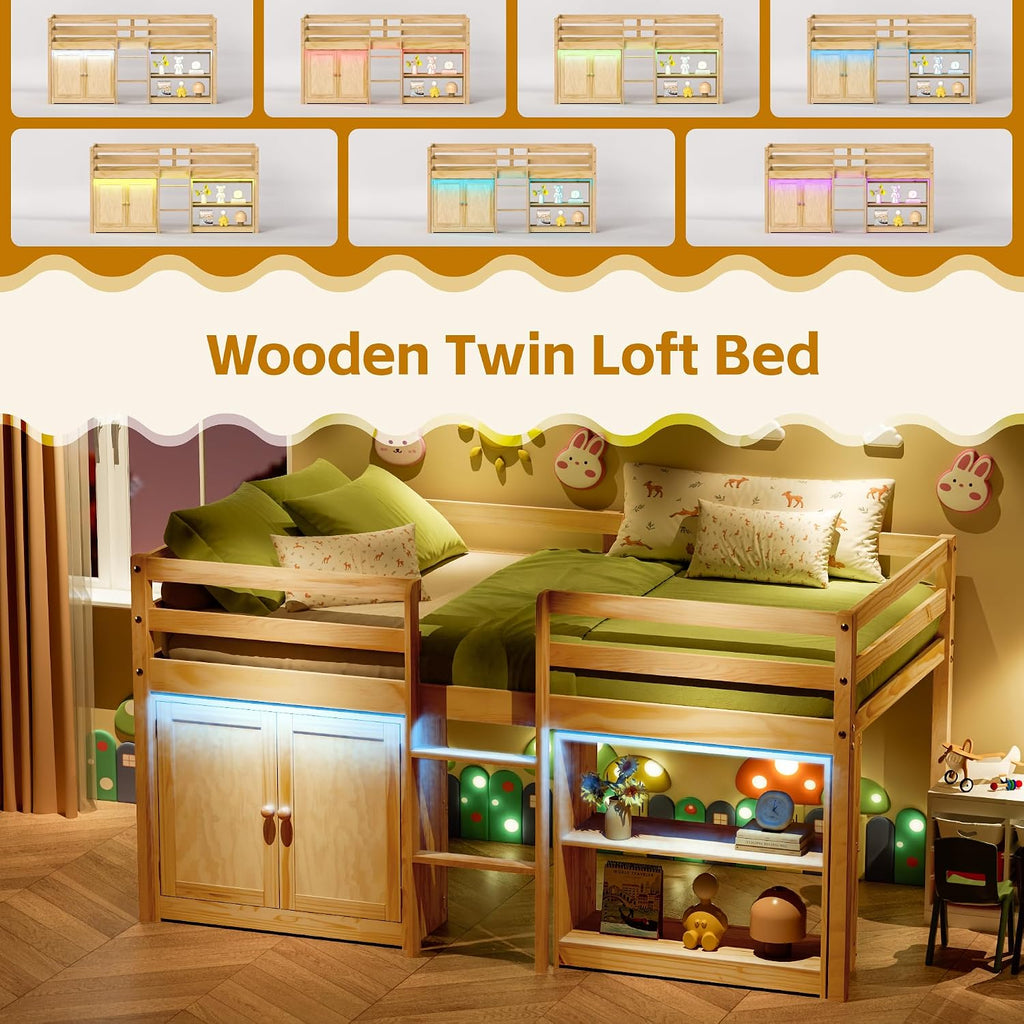 Natural Wood Kids Low Loft Bed
