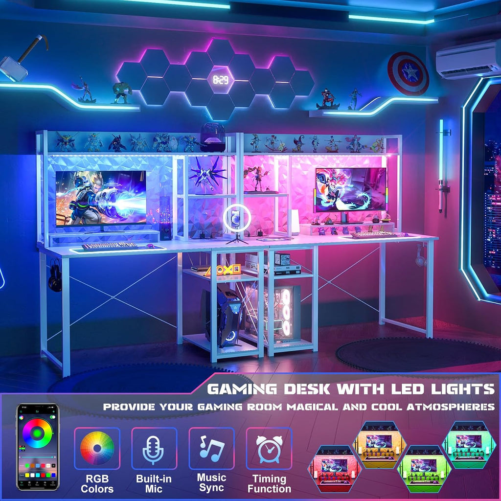 39" White Gaming Desk With Hutch & LED Lights
