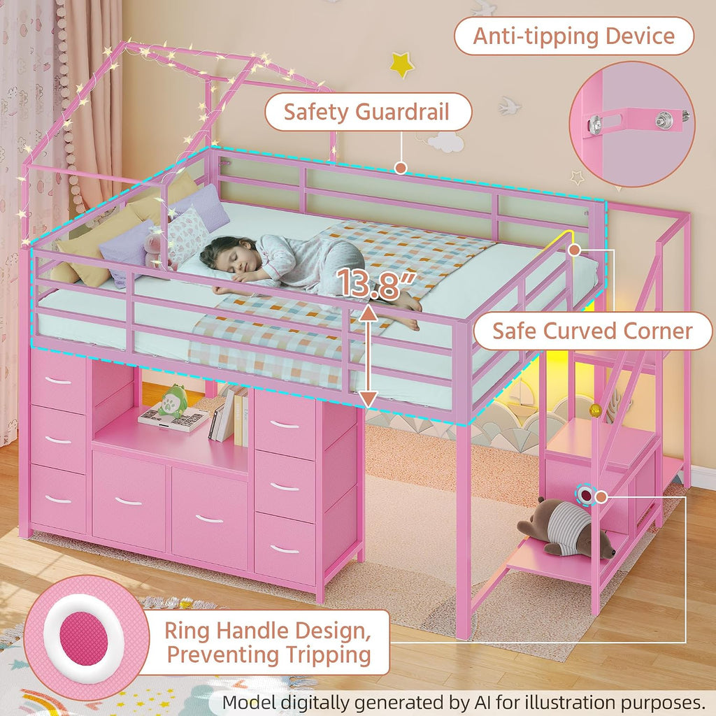 Pink Full House Low Loft Bed With Storage & Lights