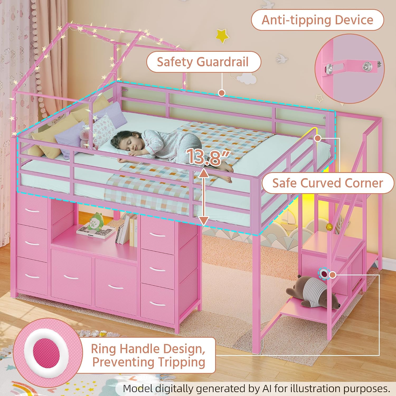 Pink Full House Low Loft Bed With Storage & Lights