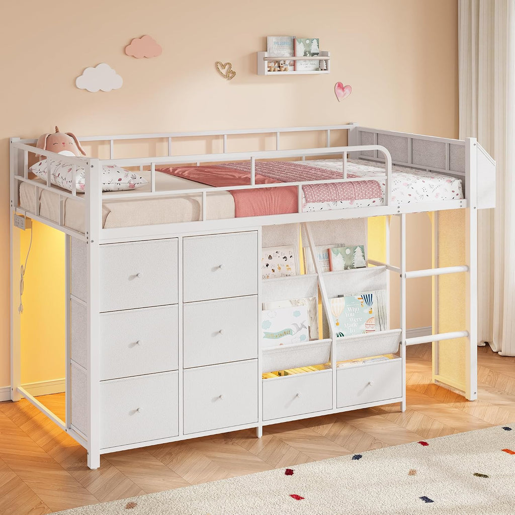 White Twin Metal Low Loft Bed With Drawers & LED