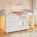 White Twin Metal Low Loft Bed With Drawers & LED