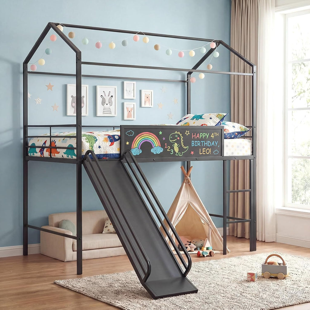 Black Twin House Low Loft Bed With Slide & Chalkboard