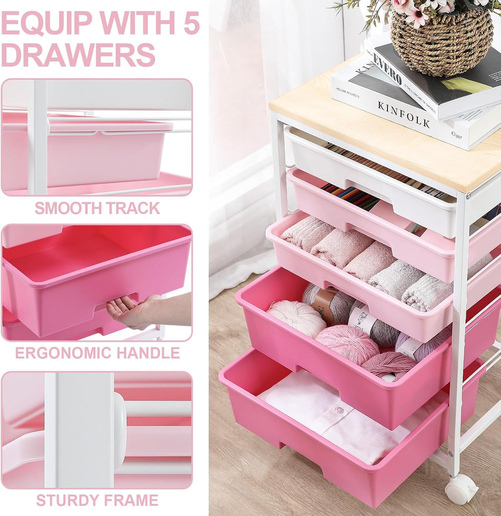 Rose Pink 5 Drawer Craft Storage Cart