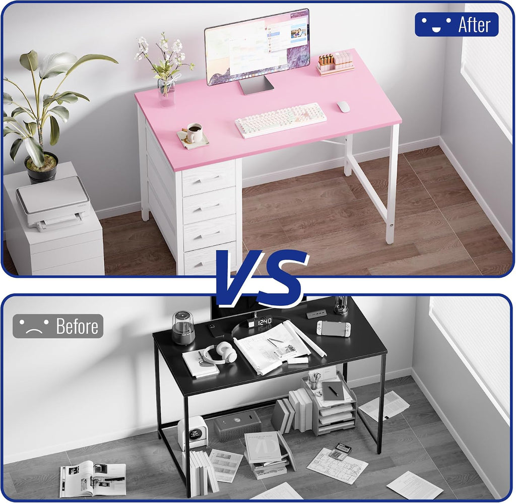 32" Pink Computer Desk With 4 Drawers
