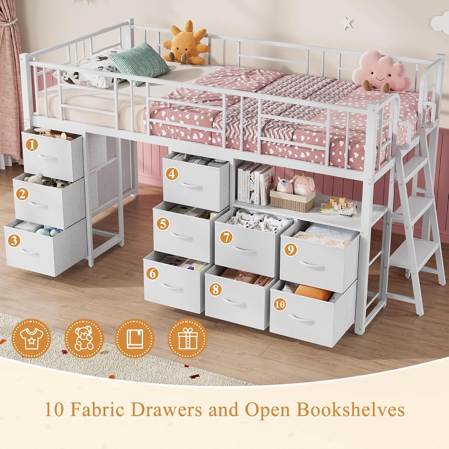 White Twin Metal Low Loft Bed With Drawers & Bookcase