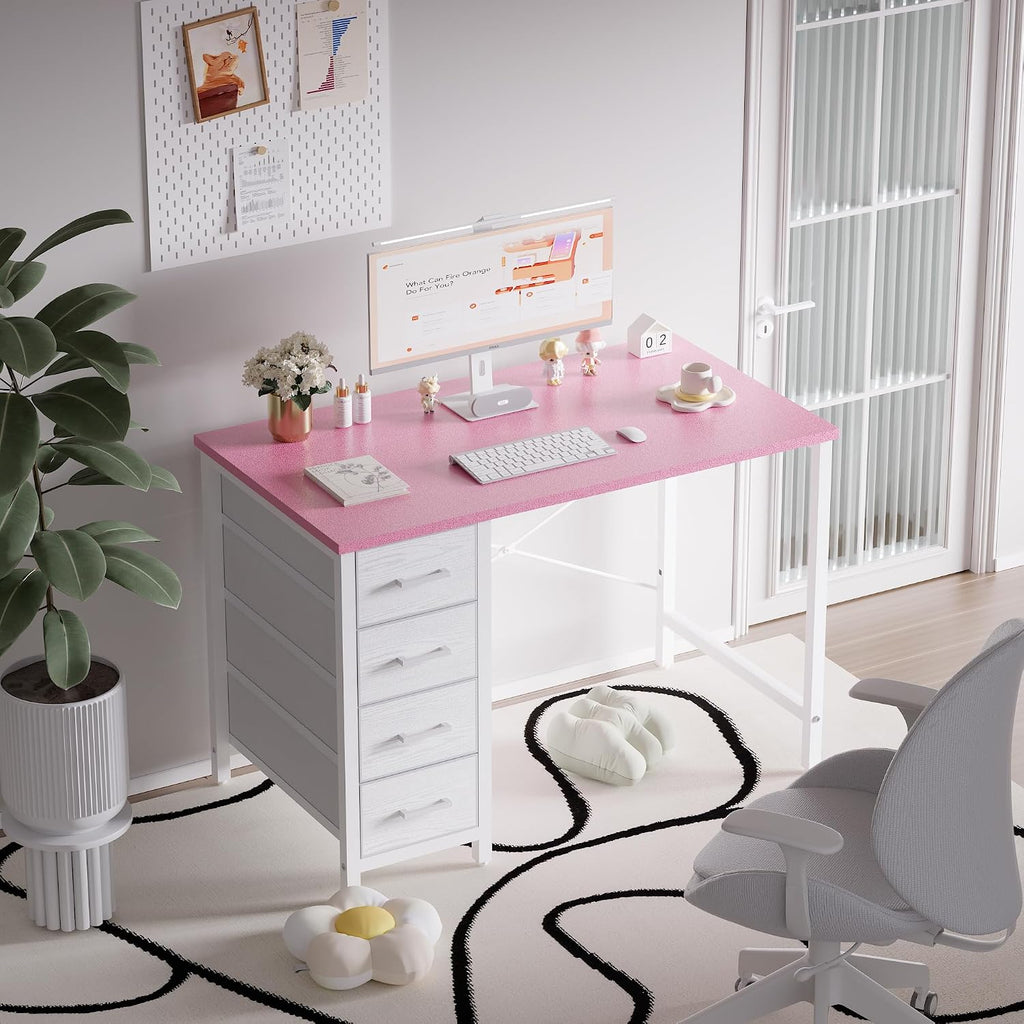 32" Pink Computer Desk With 4 Drawers