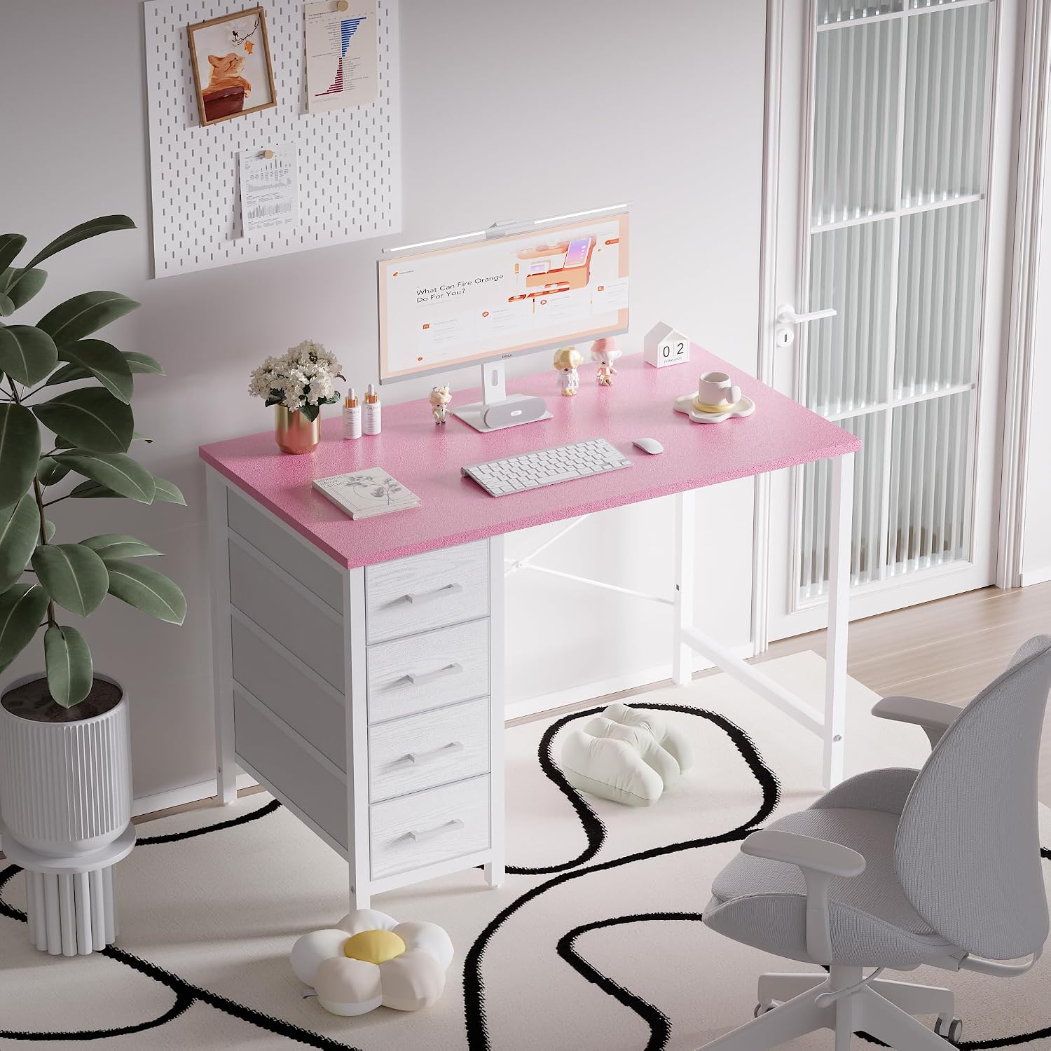 32" Pink Computer Desk With 4 Drawers