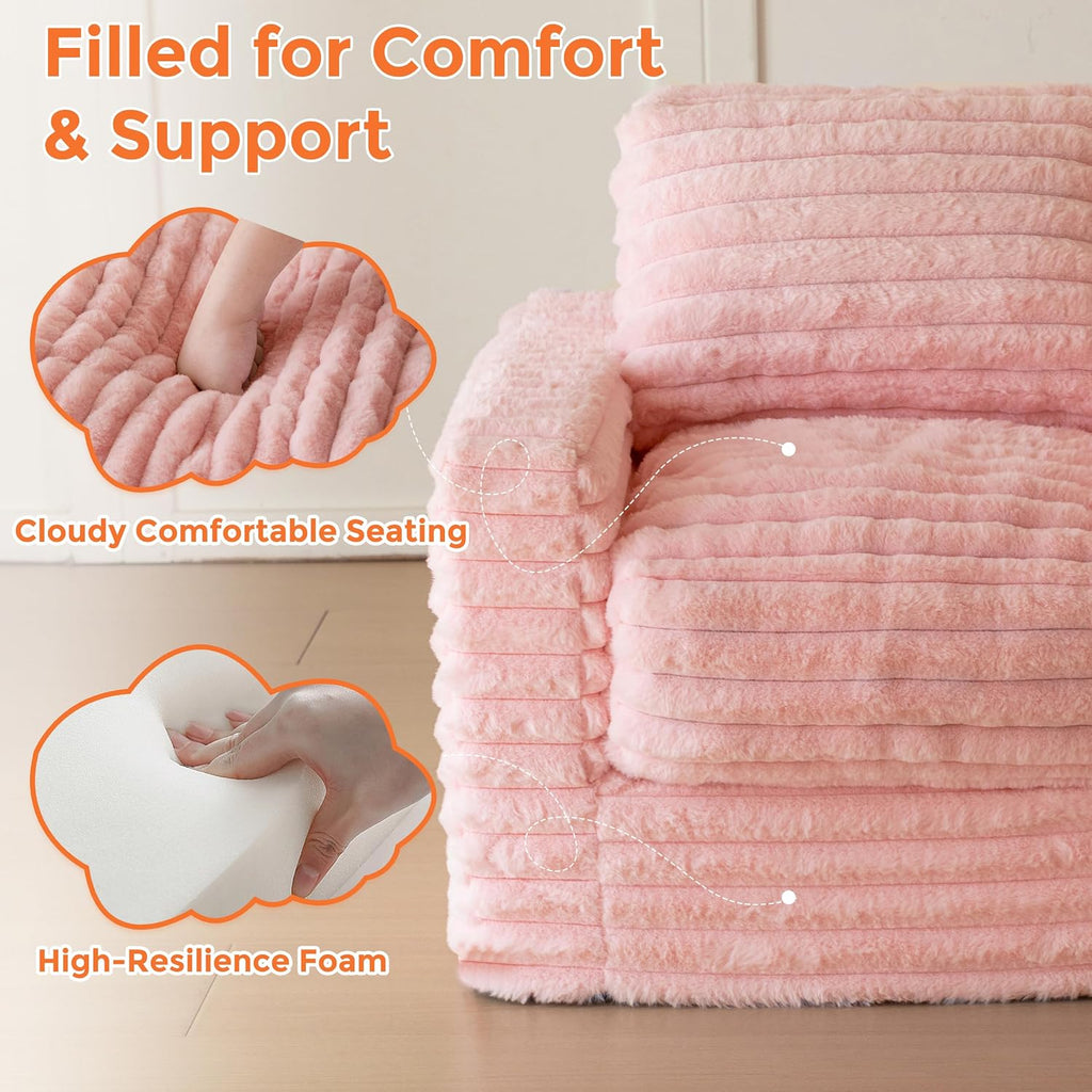 Pink Faux Fur Kids Bean Bag Sofa With Armrests