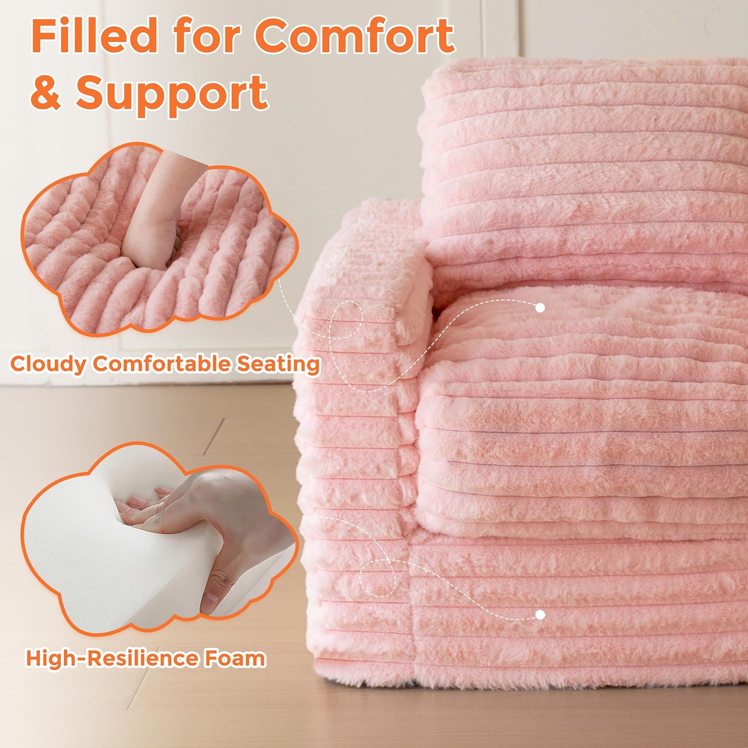 Pink Faux Fur Kids Bean Bag Sofa With Armrests