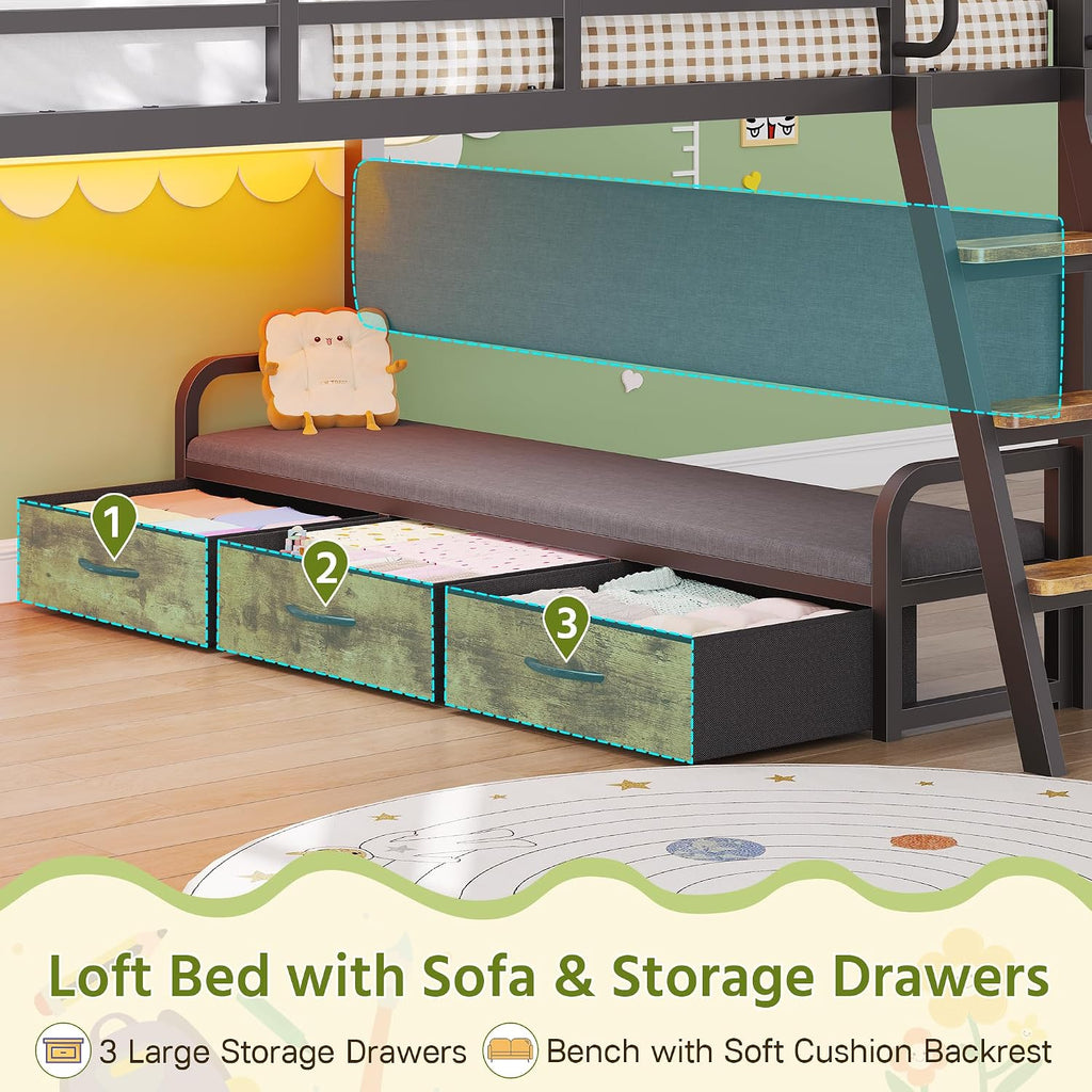 Rustic Brown Full Loft Bed With Storage & LED