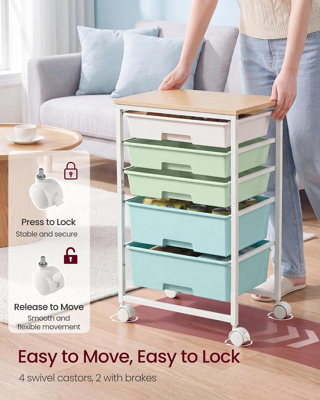 Green White 5 Drawer Rolling Storage Cart