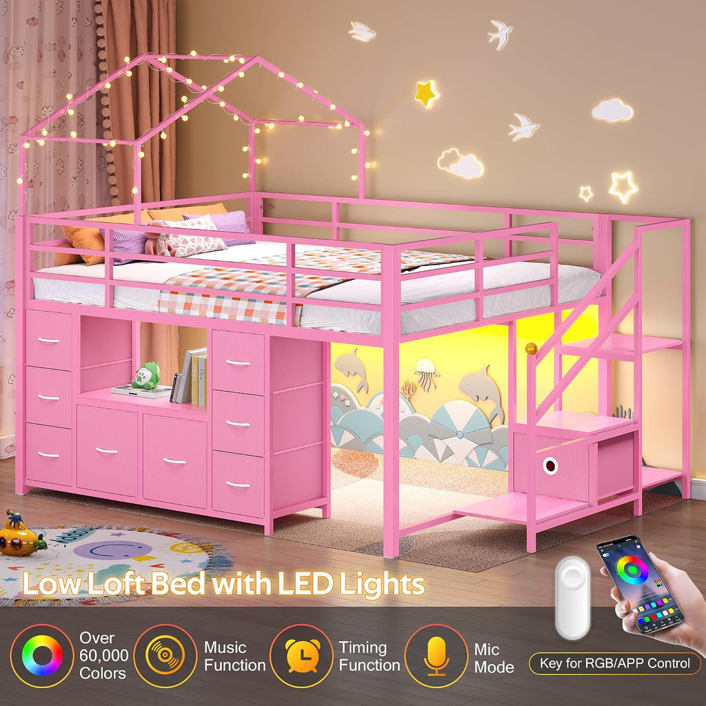 Pink Full House Low Loft Bed With Storage & Lights