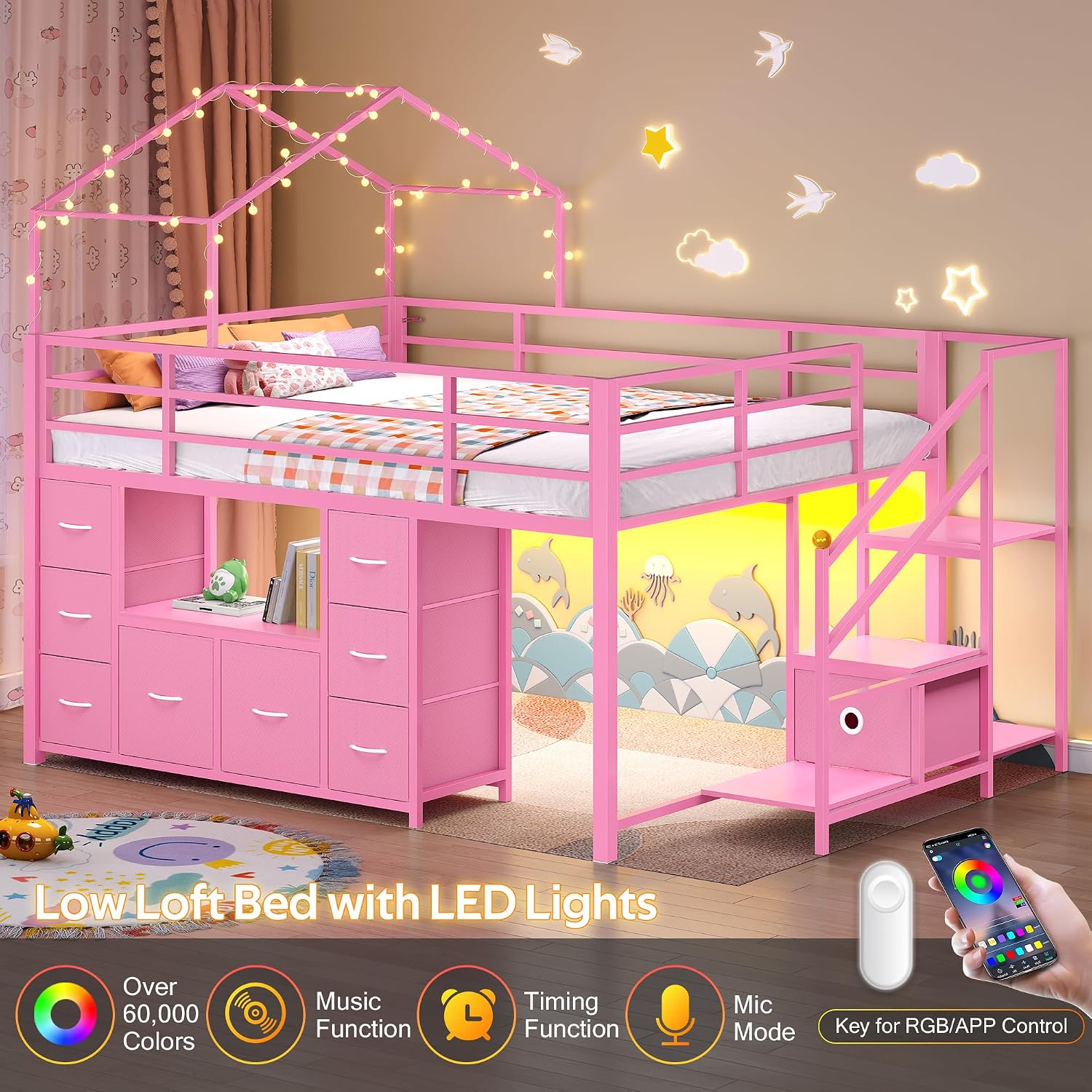Pink Full House Low Loft Bed With Storage & Lights