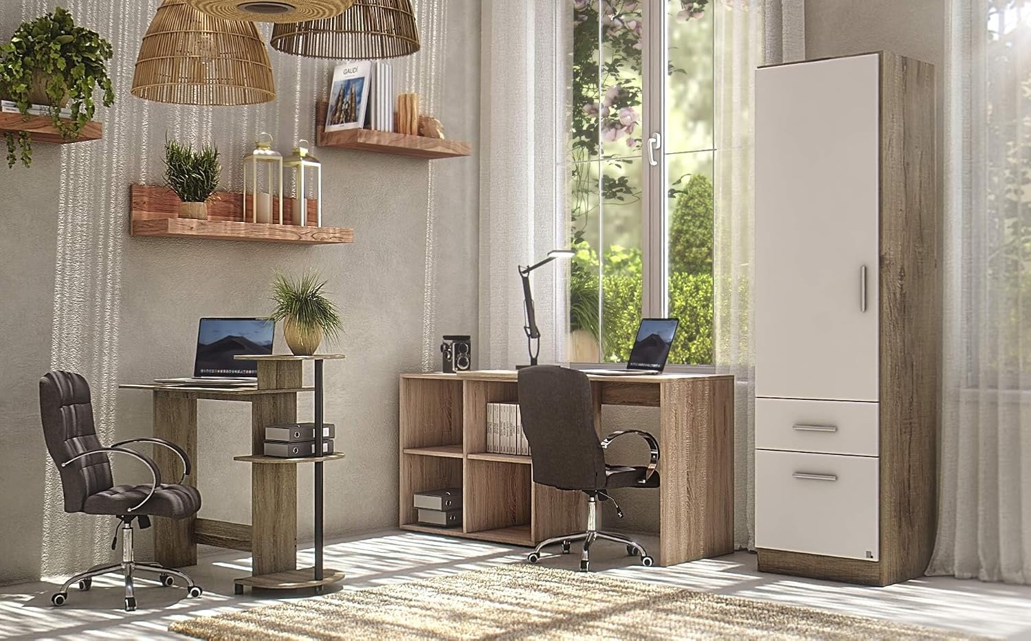 28.5" French Oak Compact Computer Desk With Shelves