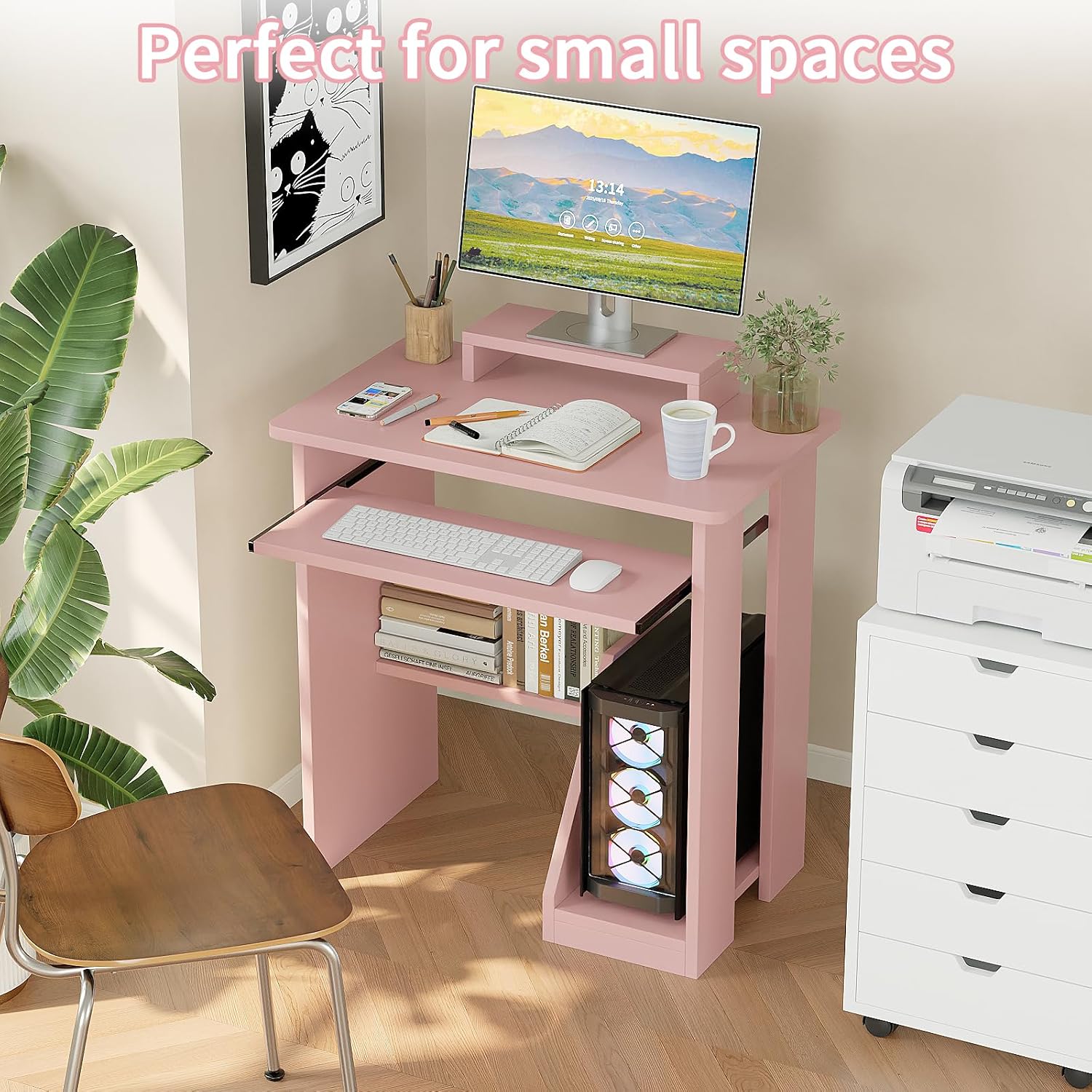 30" Pink Desk With Keyboard Tray & Monitor Stand