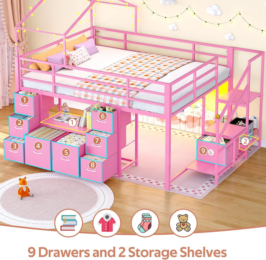 Pink Full House Low Loft Bed With Storage & Lights
