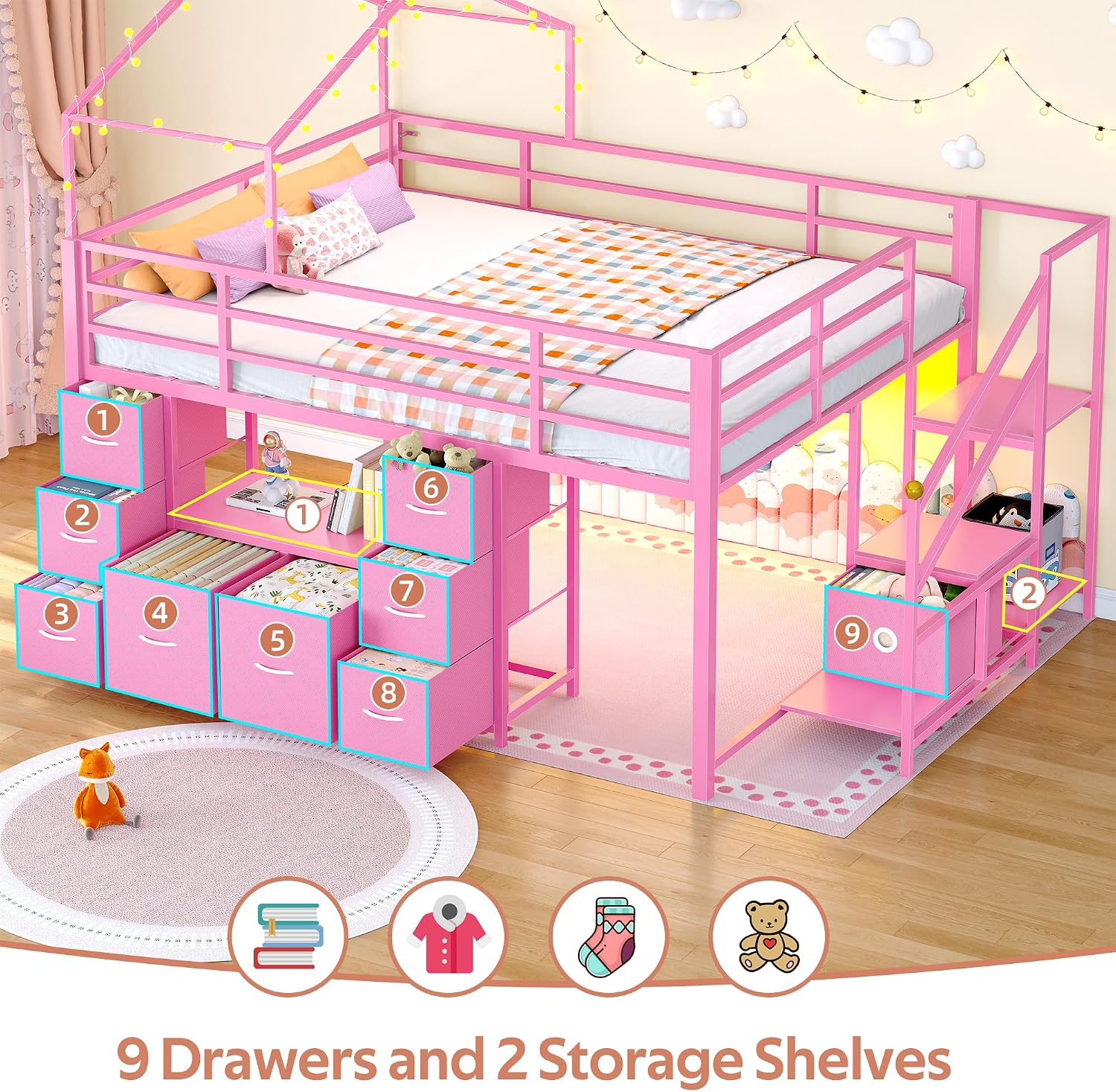 Pink Full House Low Loft Bed With Storage & Lights