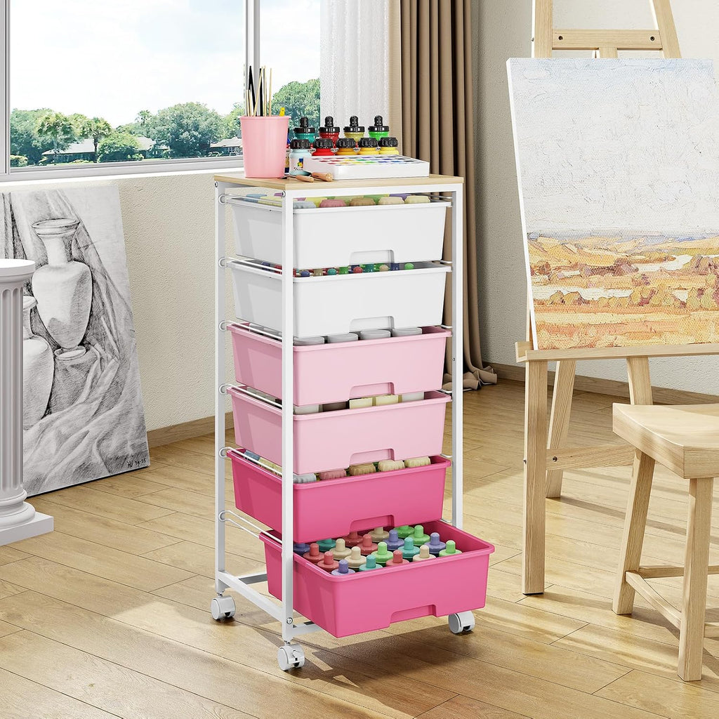 Pink 6 Drawer Craft Storage Cart
