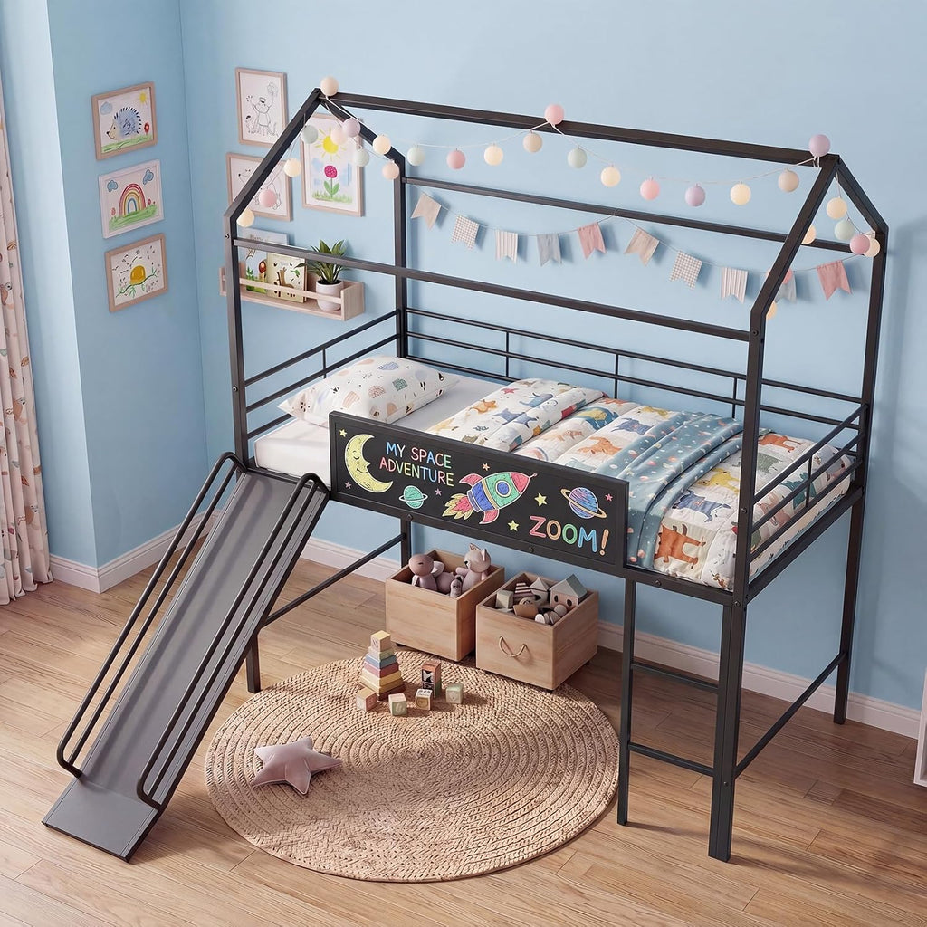 Black Twin House Low Loft Bed With Slide & Chalkboard