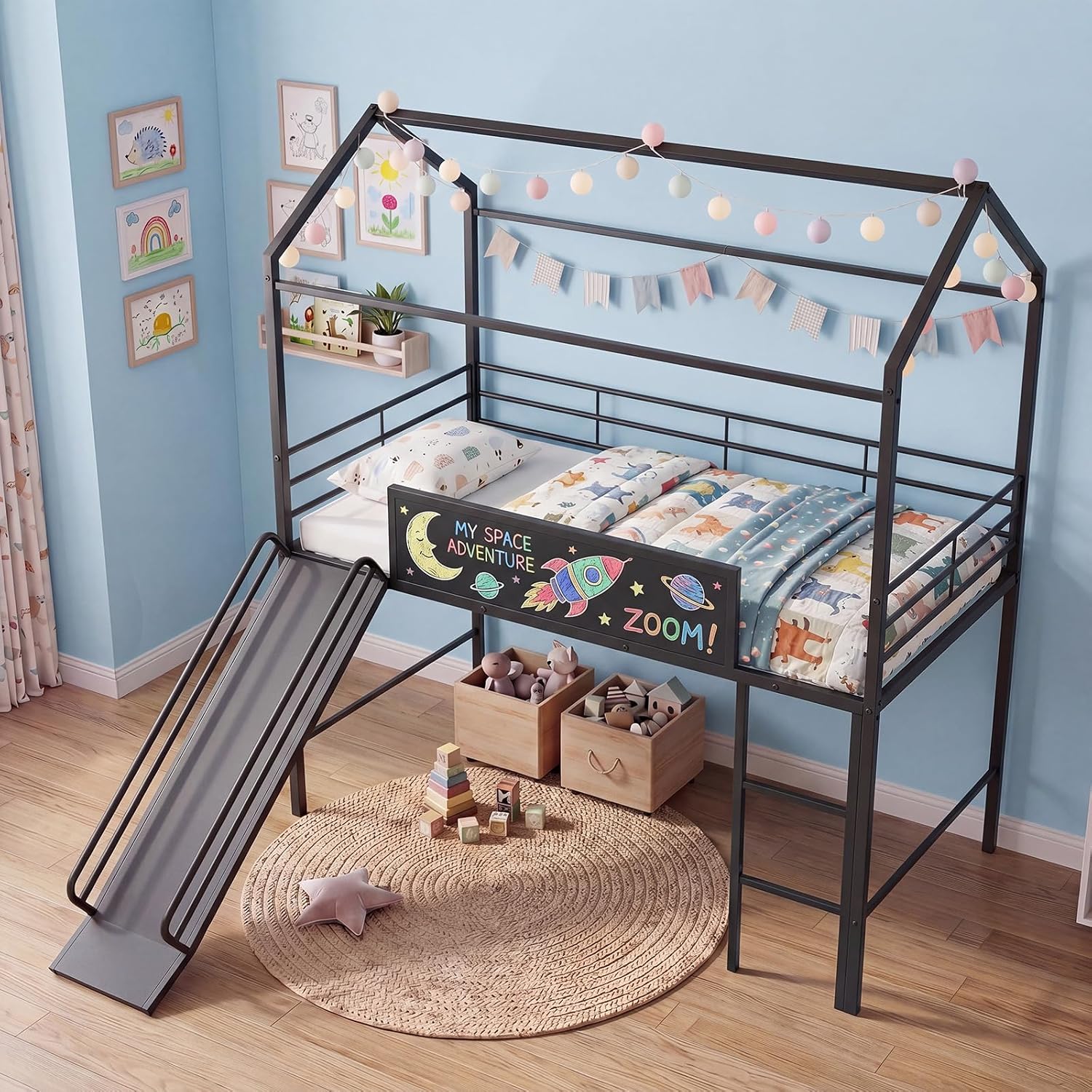 Black Twin House Low Loft Bed With Slide & Chalkboard