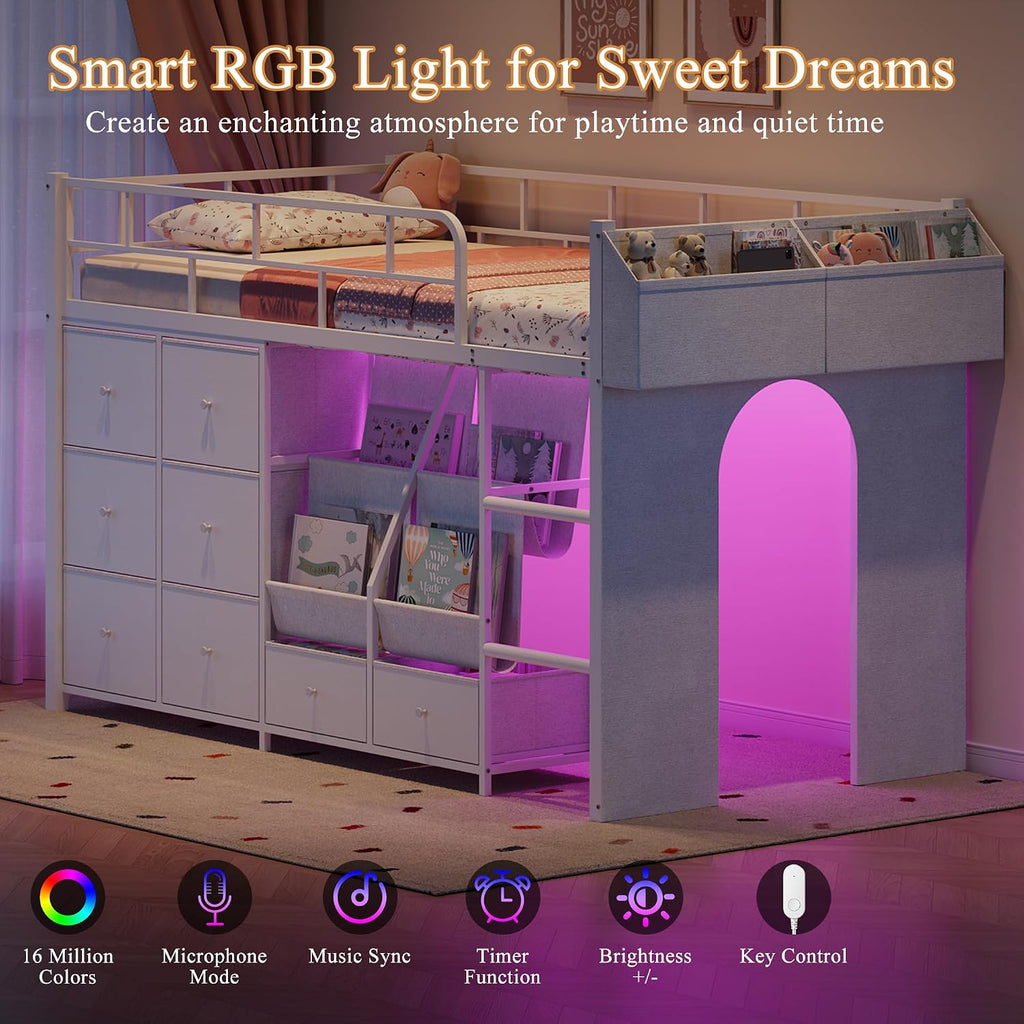 White Twin Metal Low Loft Bed With Drawers & LED