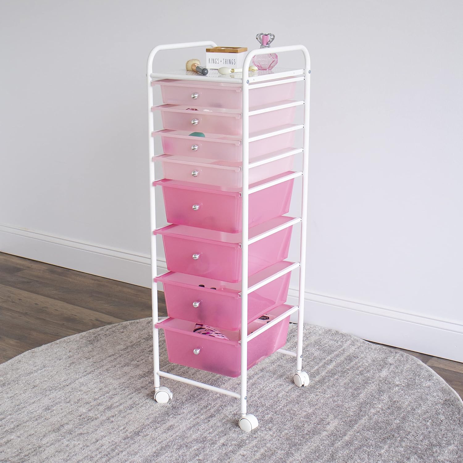 Pink 8 Drawer Rolling Storage Cart