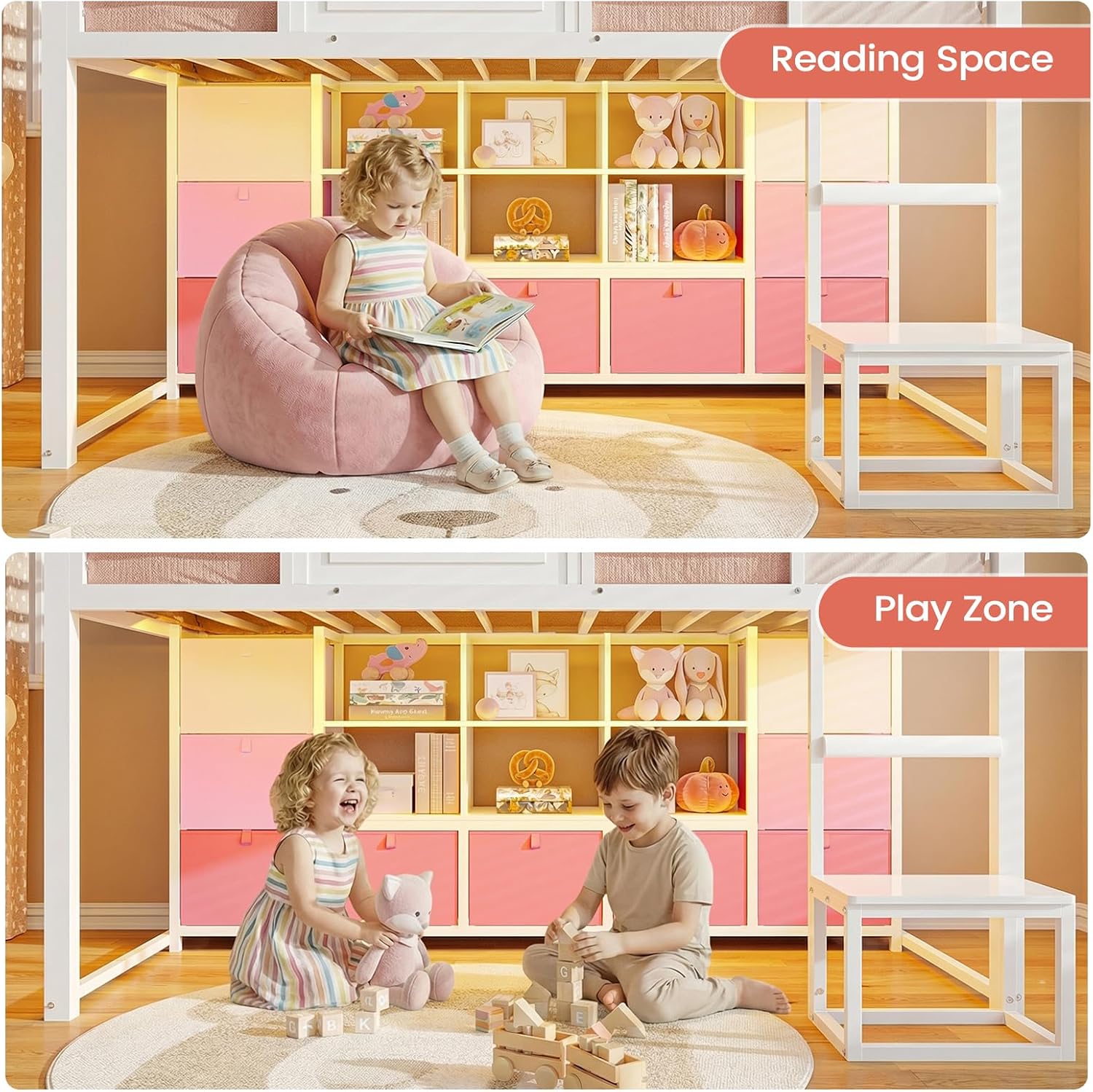 White Twin House Loft Bed With Storage & Lights
