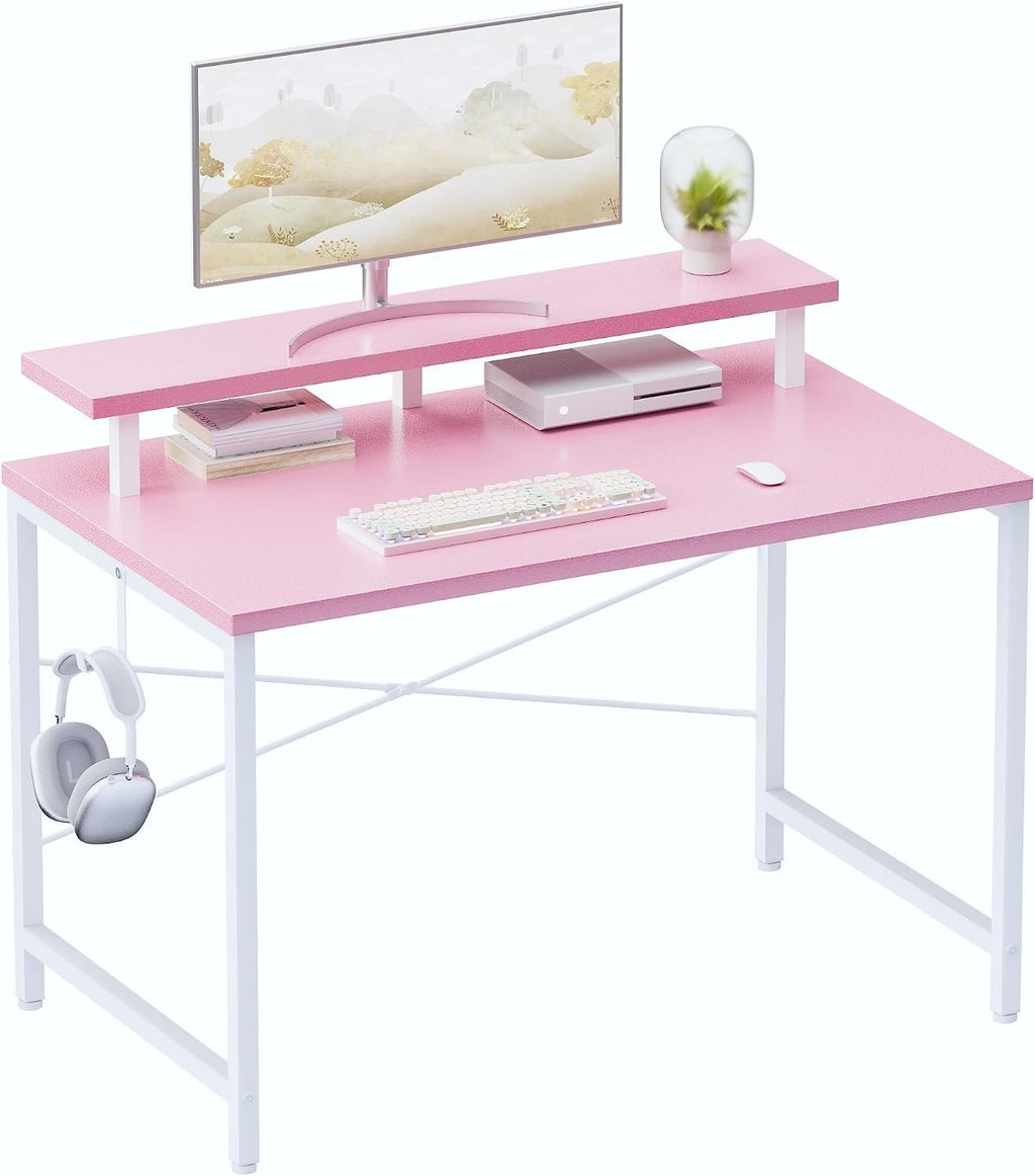 32" Pink Desk With Monitor Stand & Headphone Hook