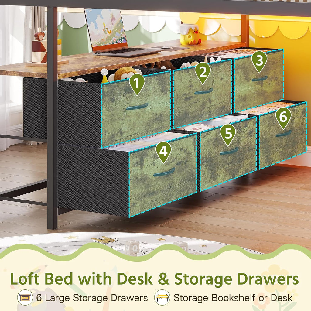 Rustic Brown Full Loft Bed With Storage & LED