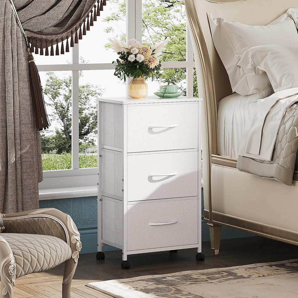 White 3 Drawer Rolling Fabric Dresser