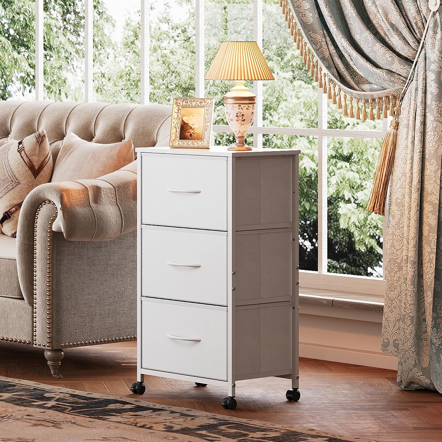 White 3 Drawer Rolling Fabric Dresser