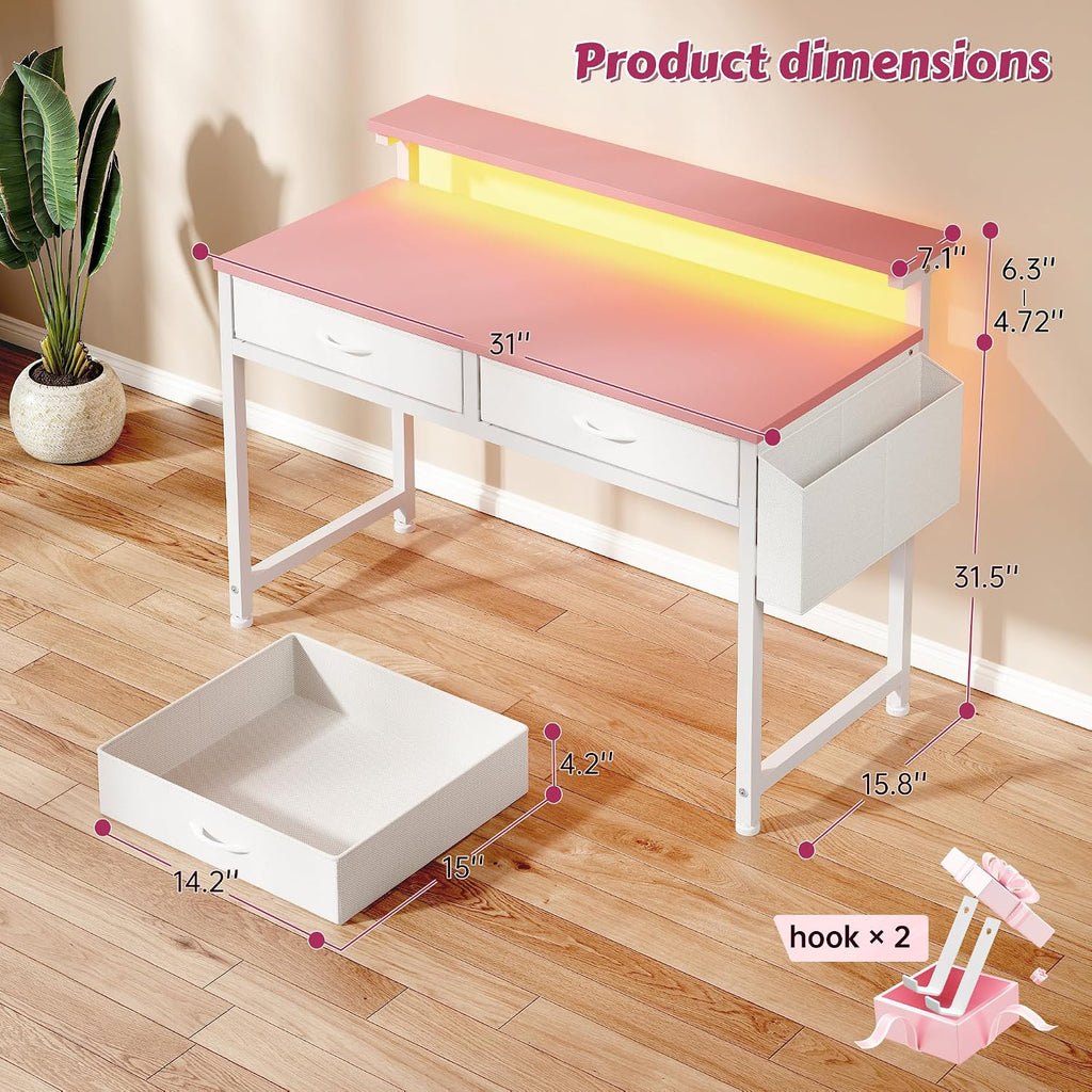 31" Pink Gaming Desk with LED & 2 Fabric Drawers