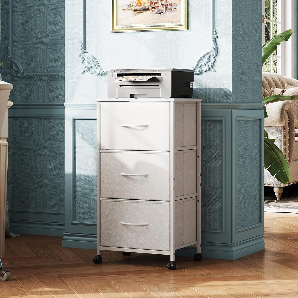 White 3 Drawer Rolling Fabric Dresser
