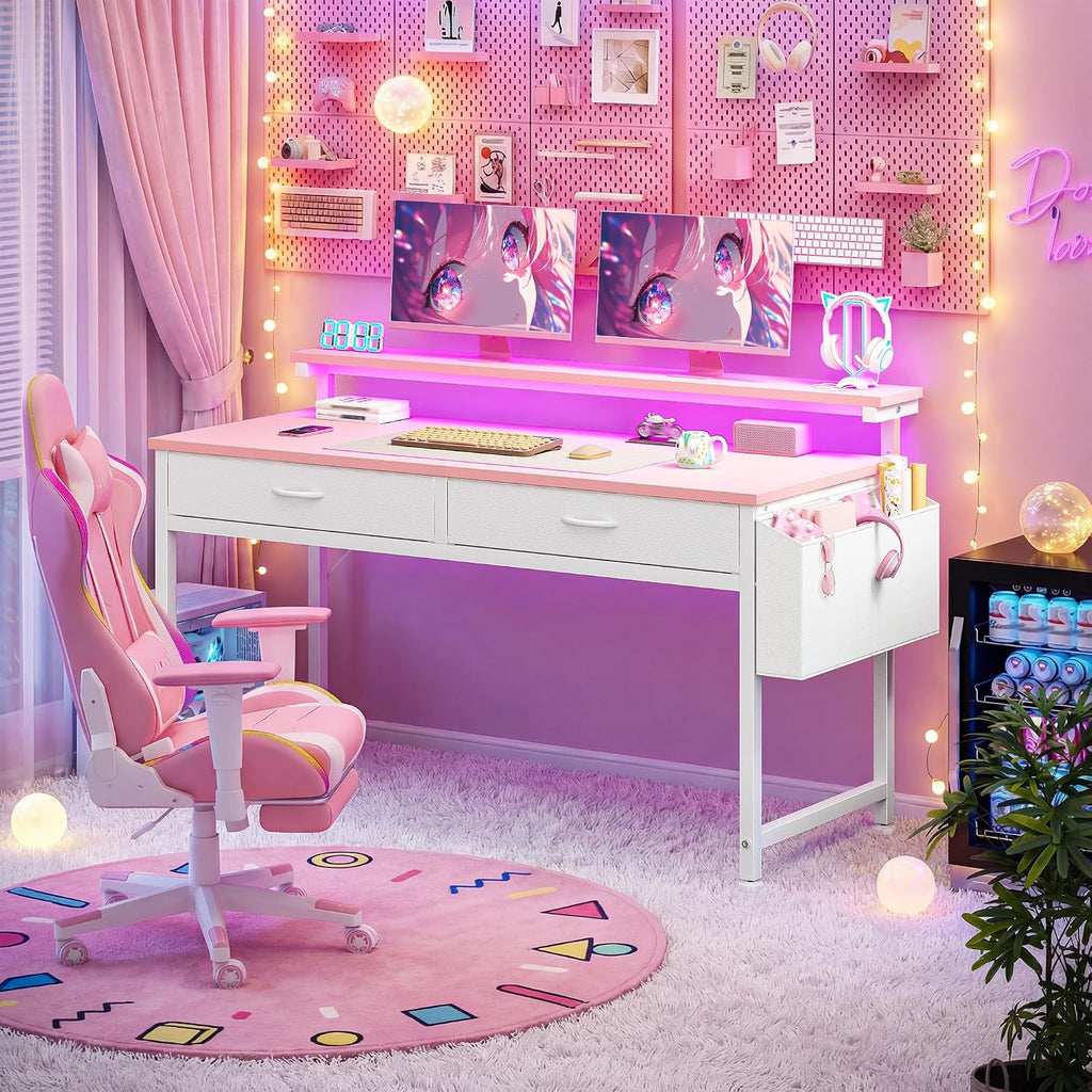 31" Pink Gaming Desk with LED & 2 Fabric Drawers