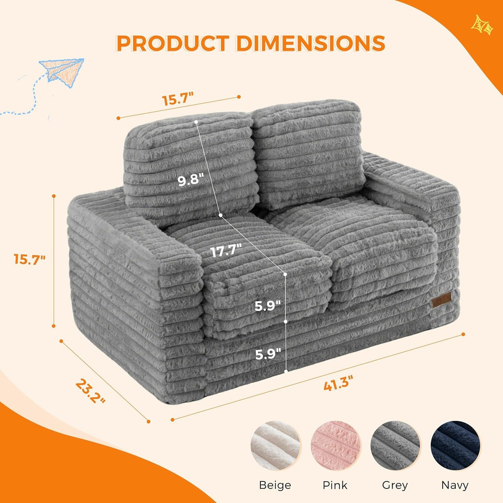 Grey Faux Fur Kids Bean Bag Sofa With Armrests
