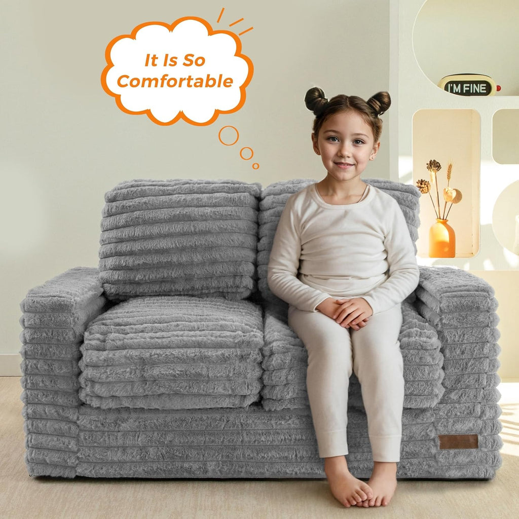Grey Faux Fur Kids Bean Bag Sofa With Armrests