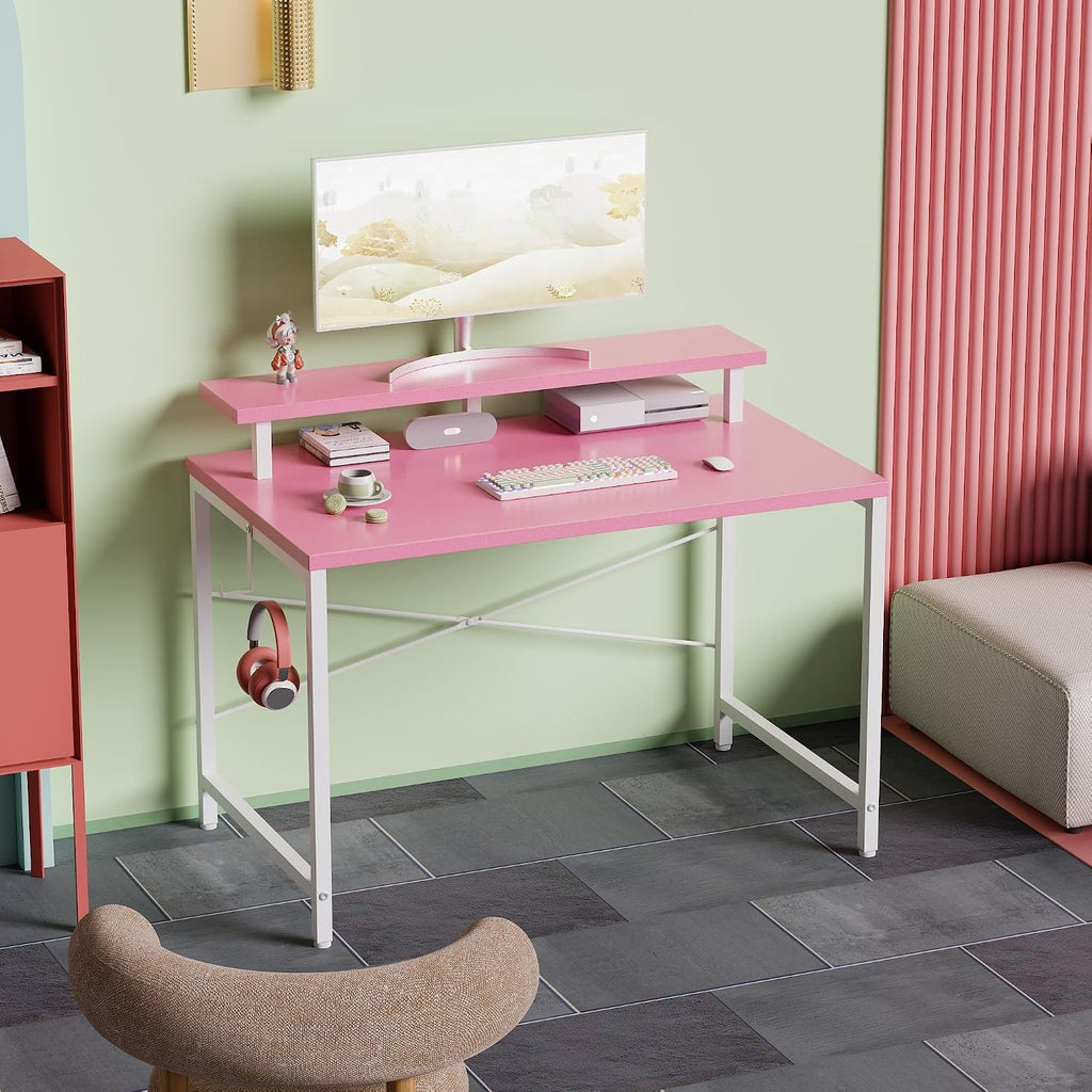 32" Pink Desk With Monitor Stand & Headphone Hook