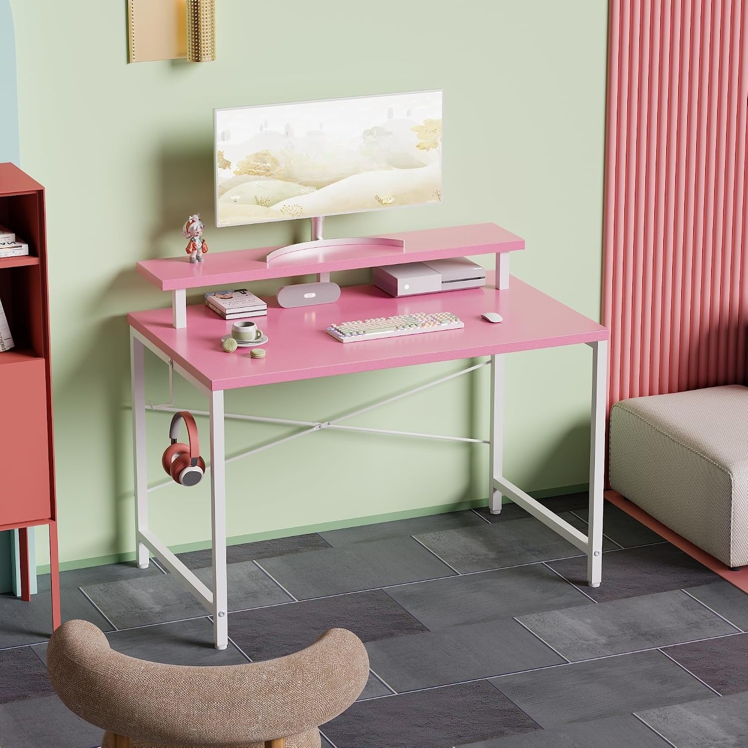 32" Pink Desk With Monitor Stand & Headphone Hook