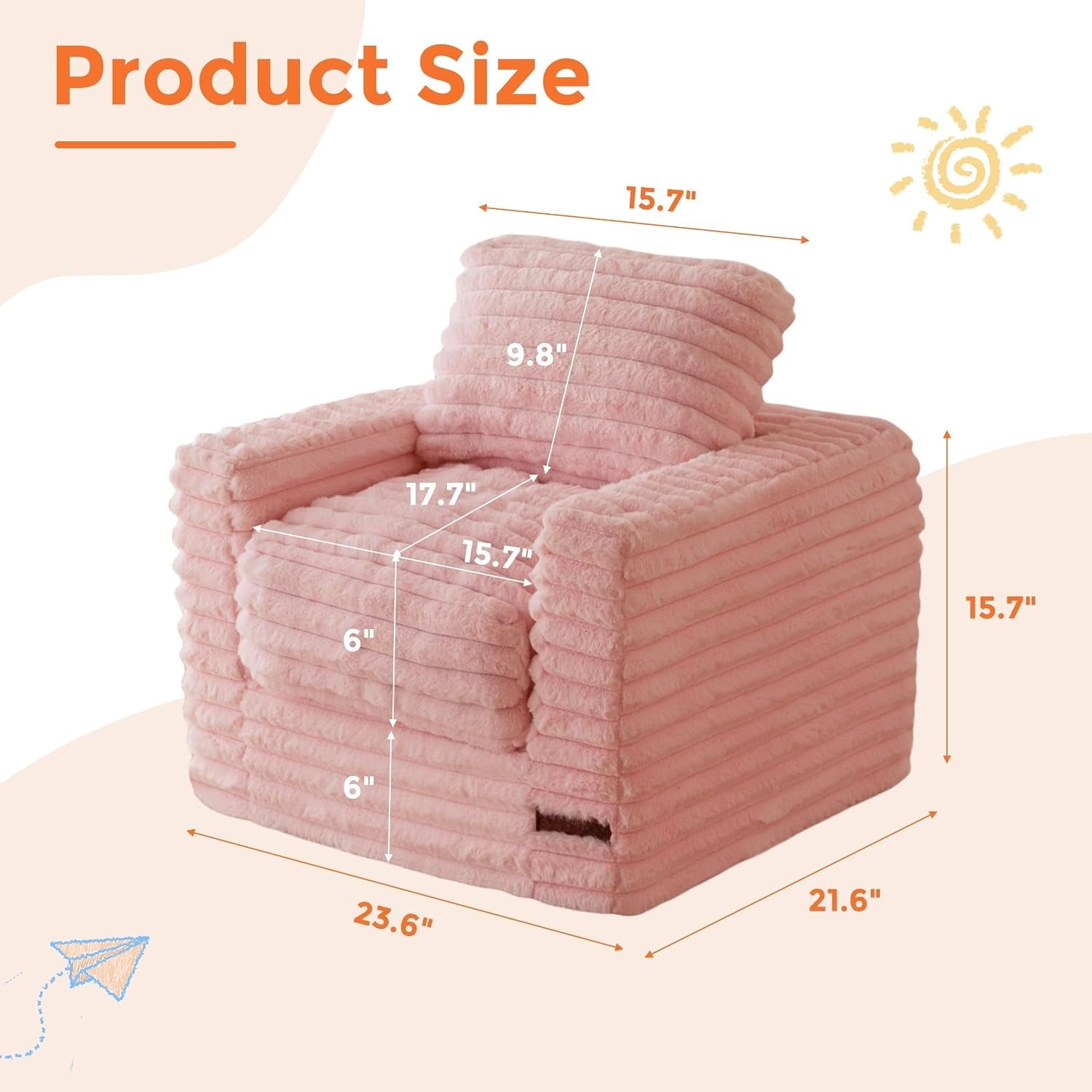 Pink Faux Fur Kids Bean Bag Sofa With Armrests